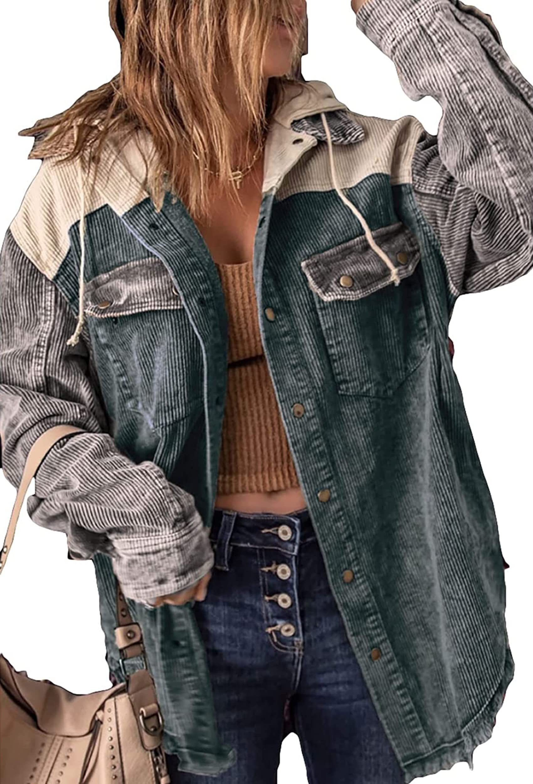 Damen Cord Jacke Mit Kapuze - Übergangsjacke Gefüttert Braun Herbst/Winter