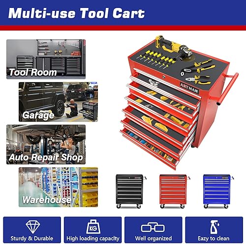 Miniatura 4 de Caja de herramientas rodante, armario de almacenamiento de herramientas de garaje de 7 cajones, organizador de taller multifuncional con sistema de
