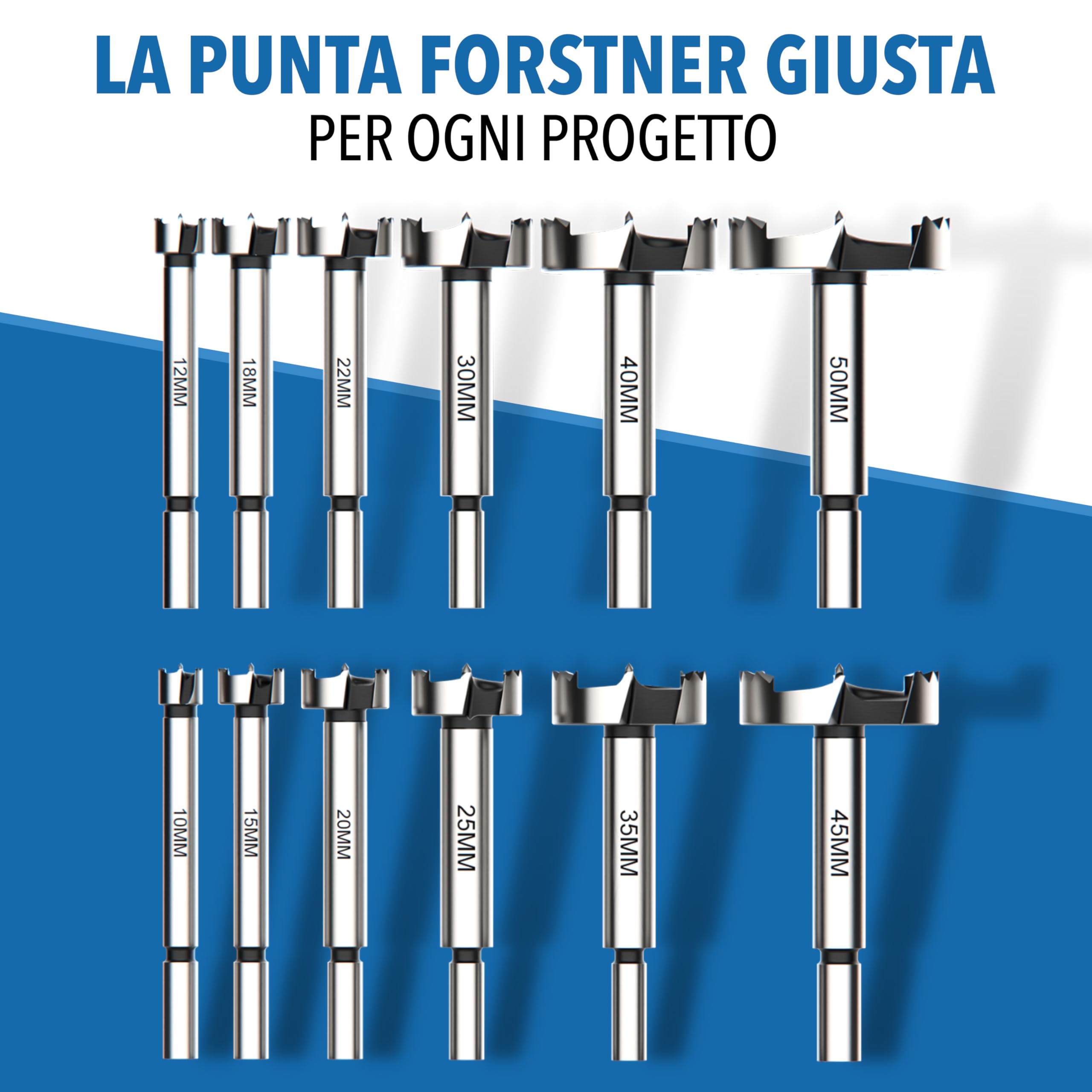 STONE REEF Forstner – Set di 12 punte Forstner da 12–50 mm con scatola portaoggetti, ideale per legno e forature precise. Include punte a tazza, punta Forstner 40 mm e utensili per falegnameria.