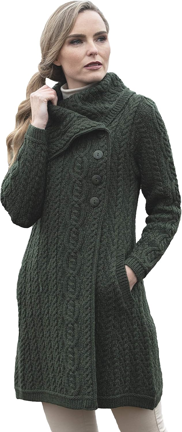 Aran Crafts Women's Cable Knit Soft Collar 3 Button Coat (100% Merino Wool)