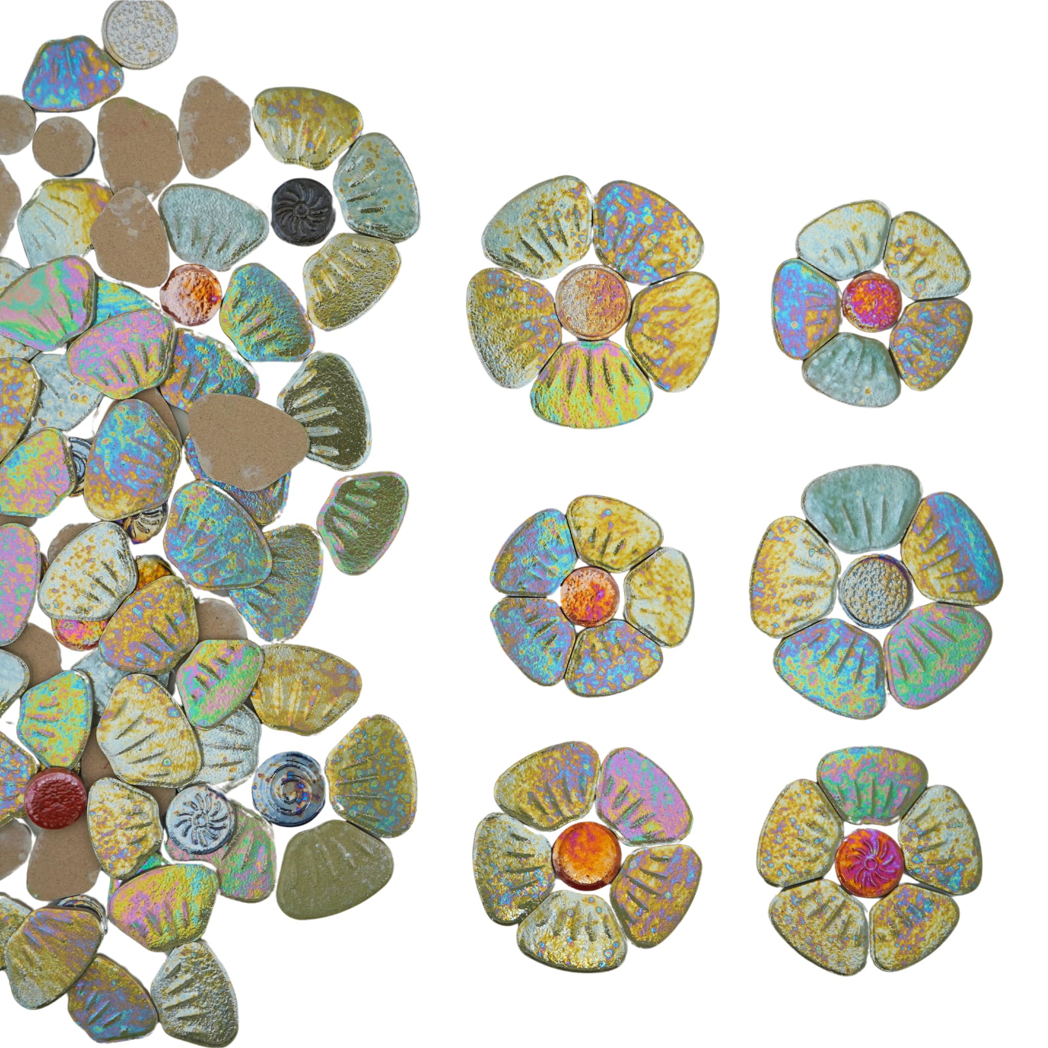 Yuvori Iridescent Ceramic Petal and Leaf Mosaic Tiles, Mixed Sizes, 1.1 lbs, DIY, Indoor & Outdoor Decor (Green Petals)