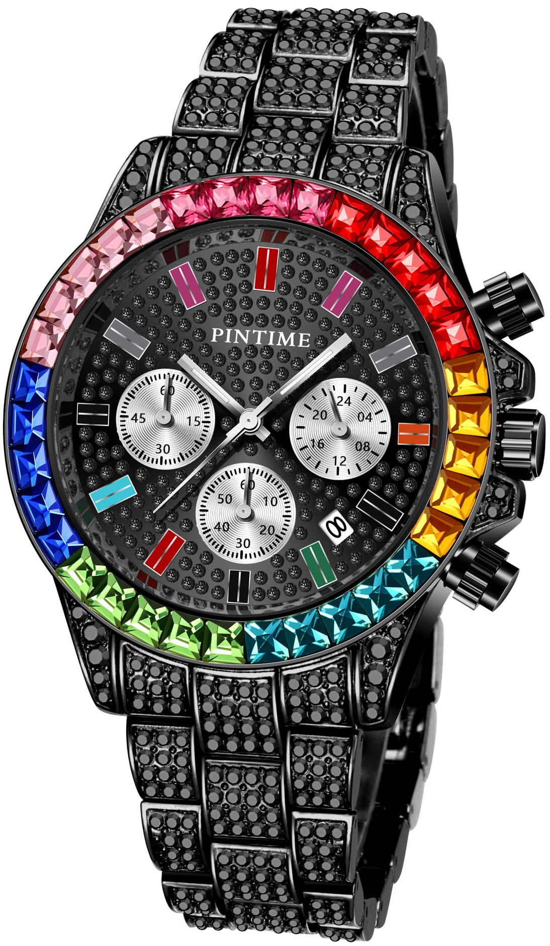 Gosasa Luxury Bling-ed Out Colorful Dial Full Diamond Hip Hop Rocks Watches Fashion Quartz Analog Stainless Steel Bracelet Wrist Watch (Black), Black, Helps improve search results (B09MS1VLP8) Amazon Price History, Amazon Price Tracker