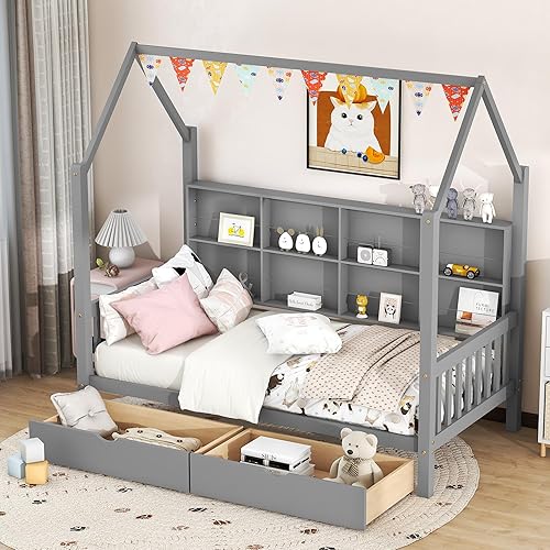 Miniatura 3 de Cama de casa de tamaño individual con 2 cajones y estantes de almacenamiento, cama Montessori para niños, casa de juegos de madera, marco de cama