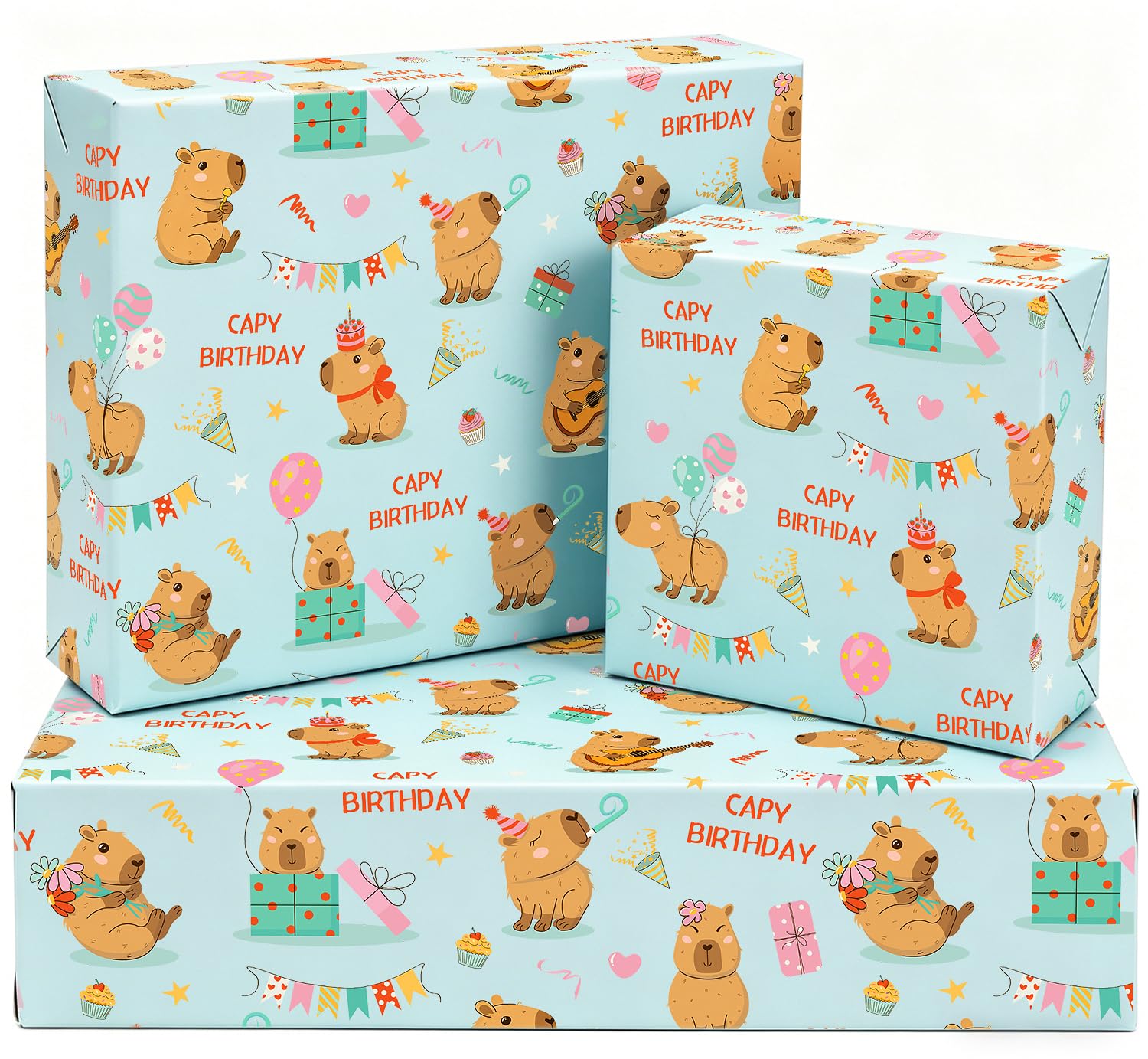 Birthday Wrapping Paper 5Pcs,Boys Girls wrapping paper,Capy Birthday Design for Birthday Party Animal Party