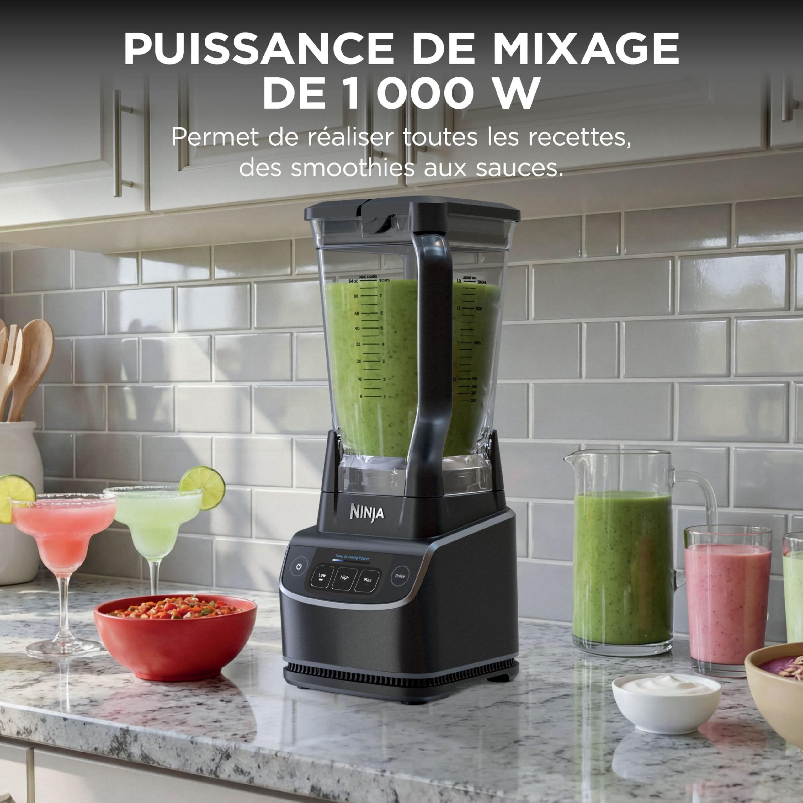 Ninja UltraCrush Mixeur Blender, 3 réglages de vitesse, 1,9L BP201EU | mode manuel Pulse (Impulsion), grande carafe à capacité de 1,9 L, pour préparer smoothies, sauces et plus, Noir