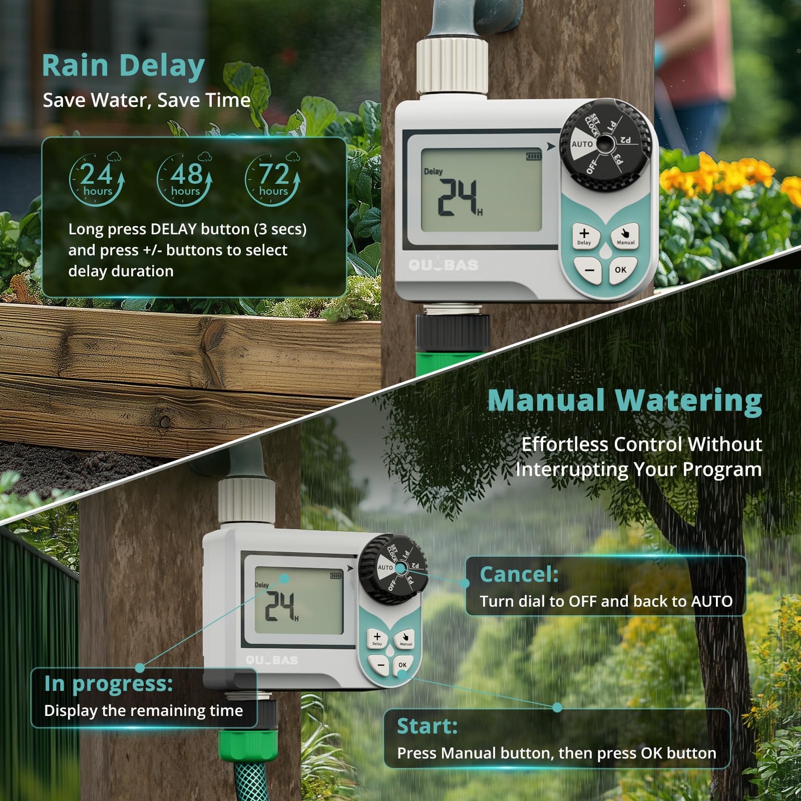 QUOBAS Temporizador de agua de baja presión, temporizador semanal programable con entrada y salida de latón para barril de lluvia, manguera de jardín, con válvula de bola y pantalla impermeable