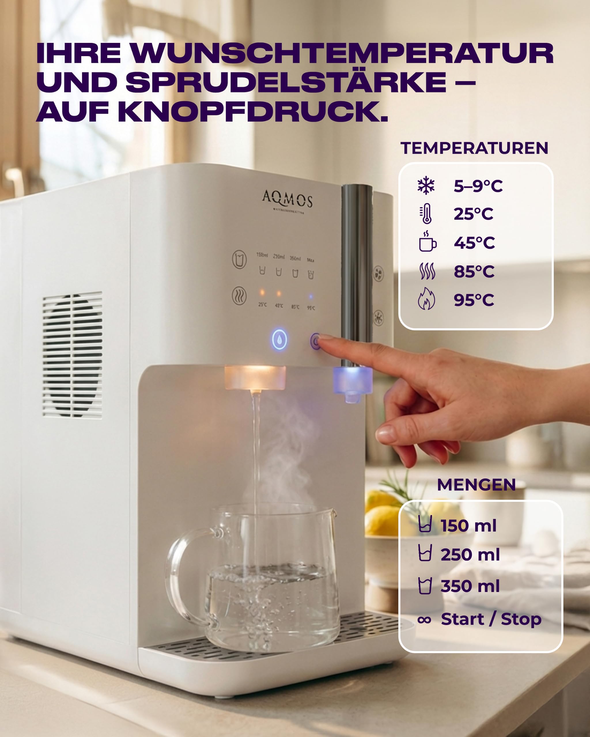 Dispensador de Agua Aqmos Drinking Blanco – Sistema Premium Todo en uno con Agua con Gas y sin Gas, Caliente y fría (5–95 °C), ósmosis inversa integrada, Control táctil, para Cocina y Oficina