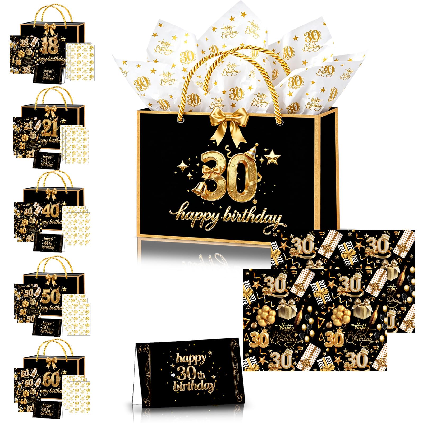 30th Birthday Gift Bag for Women Men,11×8×4" Black Gold 30th Gift Bag with 30th Birthday Wrapping Paper Tissue Paper Sheets Card and Ribbon for Him Her Female Male 30th Birthdays Present Decorations