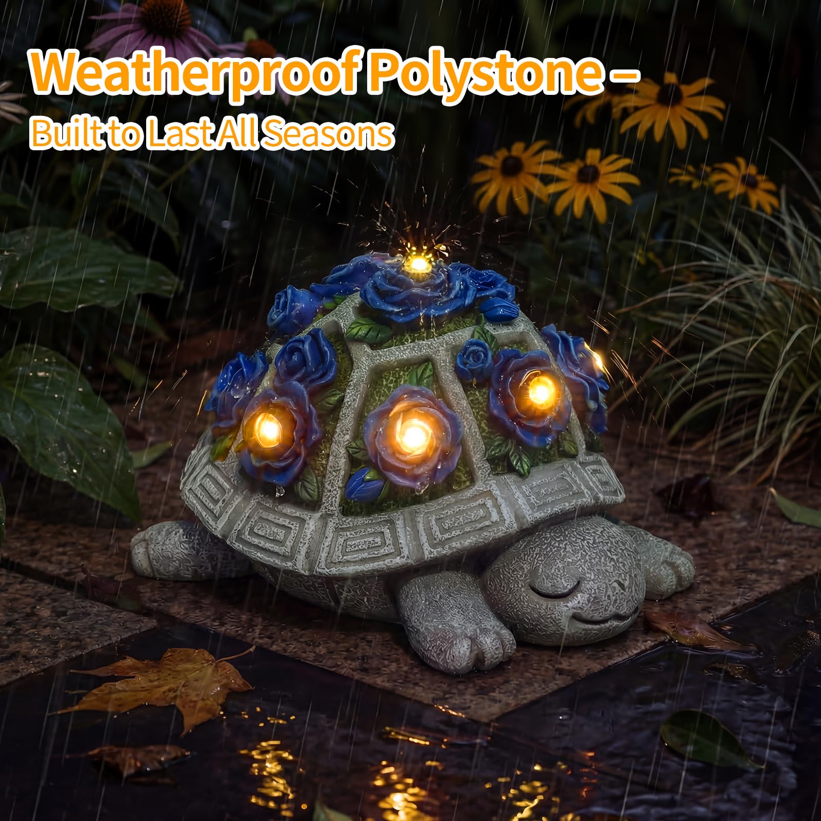 Solar Garden Outdoor Decor Turtle Statue, Dark Blue Roses & 7 LED Lights view 4