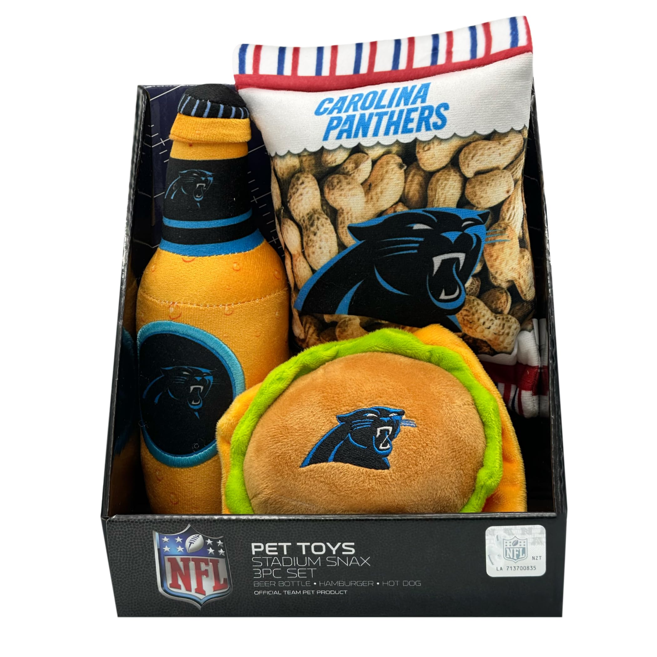 Pets First NFL Carolina Panthers Football Stadium Snax zestaw upominkowy, zestaw 3 zabawek dla psów z wewnętrznymi piszczałkami. Zabawki dla psów o tematyce piłkarskiej z logo drużyny NFL