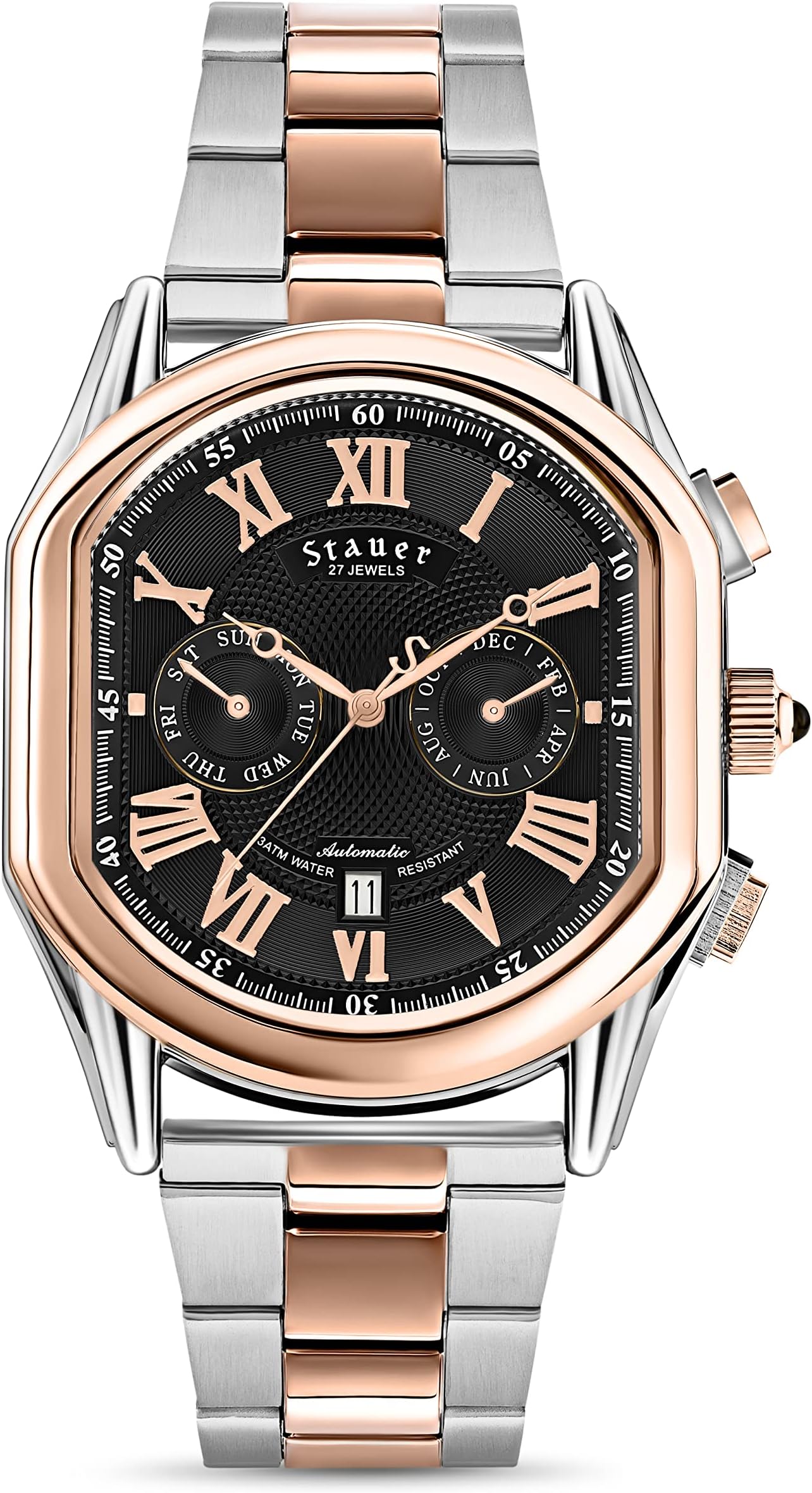 Versailles Automatic Watch for Men – Black-Dial Analog Watch w/Two-Tone Stainless Steel Bracelet & Rose Gold Finished