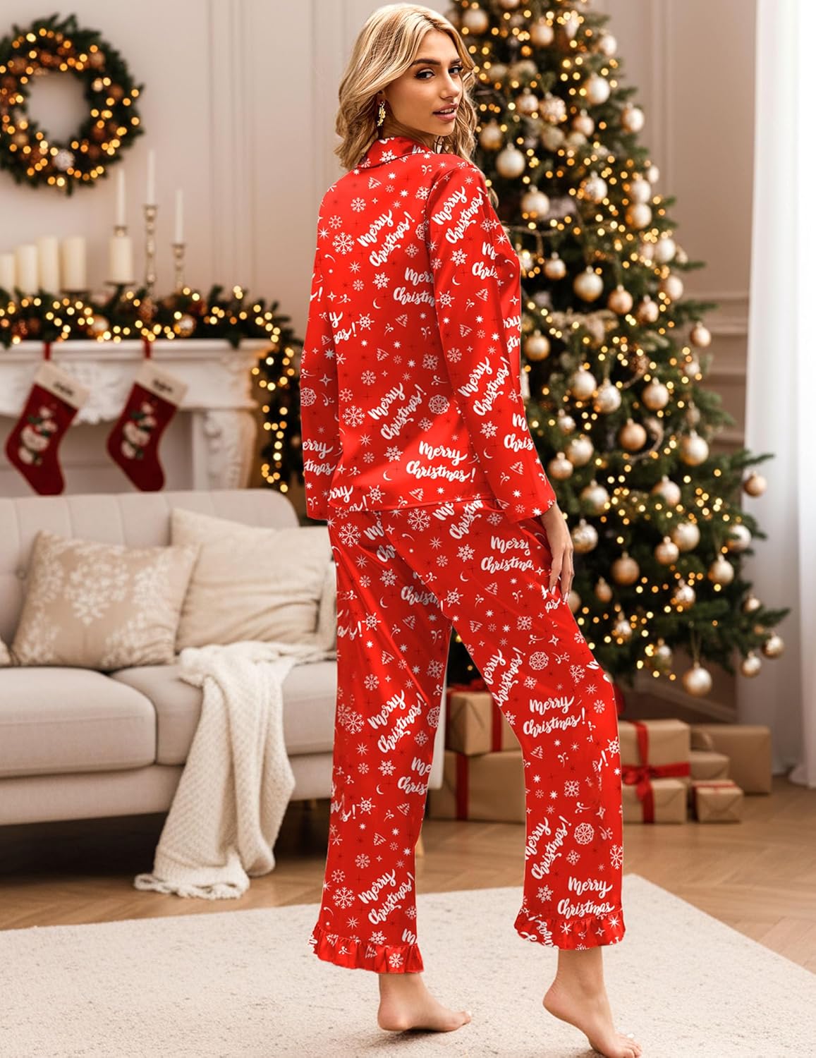 Ekouaer Silk Satin Pajamas Set Womens Long Sleepwear Button Down 2 Piece Classic Soft Loungewear Pjs Set - Image 5