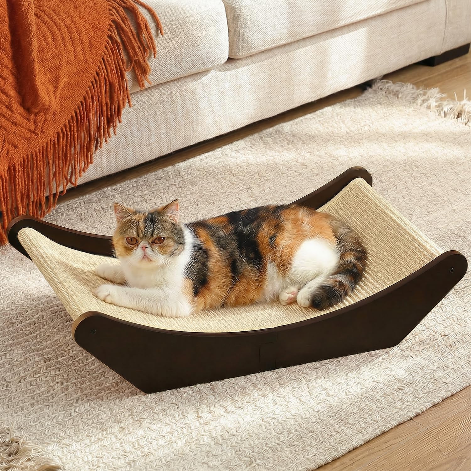 Zakkart Cat Sisal Scratching Bed Hammock, 2-in-1 Cat Scratcher & Lounging Bed, 100% Natural Sisal Mat, Solid Wood Frame, Cat Furniture Protector (Large, Natural Color)