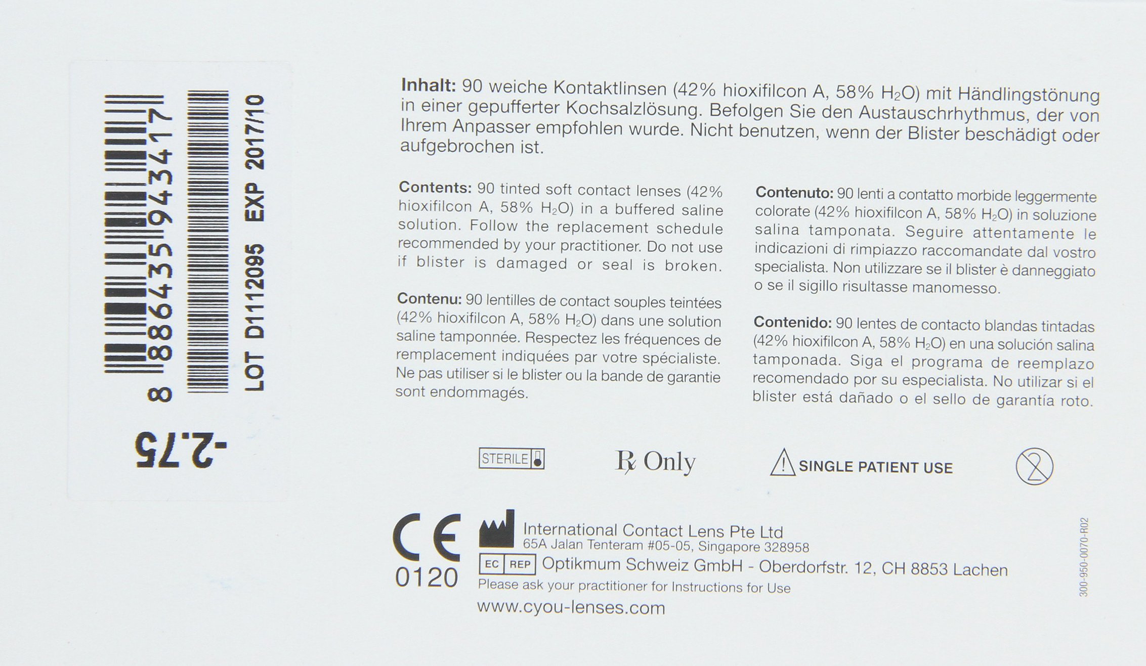 Cyou Daily Lenses Tageslinsen weich, 90 Stück / BC 8.7 mm / DIA 14.2 / -2,75 Dioptrien