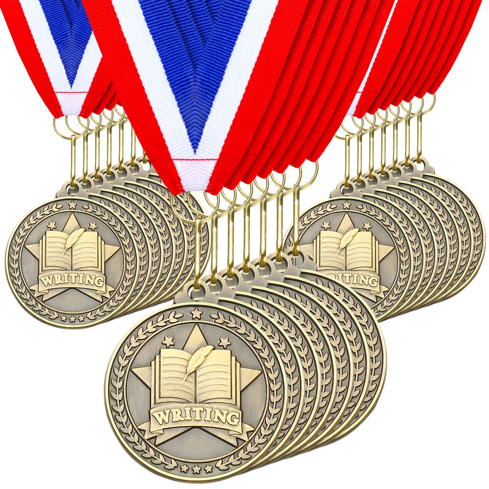 Quelay 30 medallas de premio de 2 pulgadas, medallas de oro a granel con cintas para el cuello, trofeo de metal, regalo para torneos, competiciones, fiestas, niños y adultos (escritura)