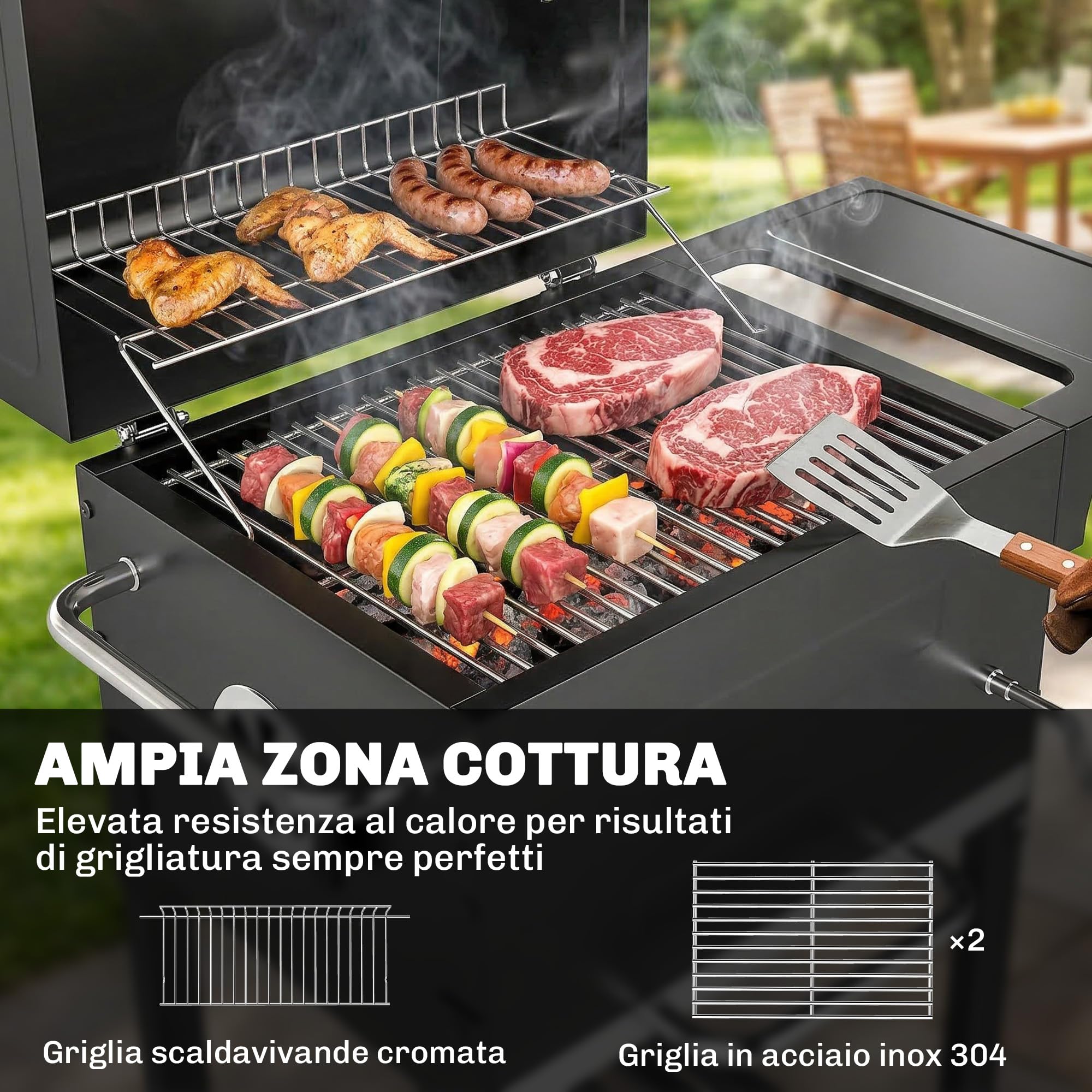 Outsunny Barbecue Carbonella Stretto z Rusztem, Regulowany Nawiew, Wózek BBQ z Pokrywą, Stal, Półka, Termometr, Popielnik, Czarny