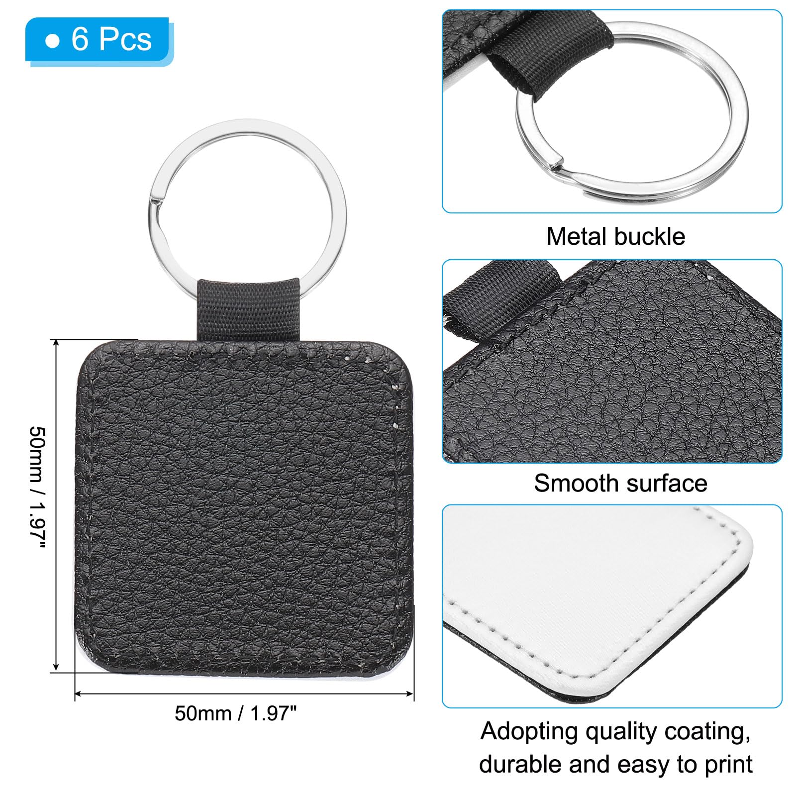 PATIKIL Sublimation Blank Keychains, 6 Pcs Square Keychain Blanks Bulk PU Leather Heat Transfer Key Chains for DIY Craft Black - Image 2