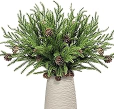 KKSTY 5 Pcs Christmas Norfolk Pine Branches With Pinecone, 16'' Artificial Stems Real Touch Faux Foliage for Xmas Wreath Garland Vase Filler Home Decor