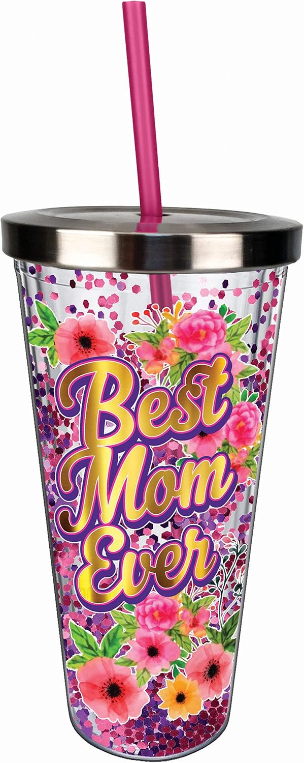 Spoontiques - Glitter Filled Acrylic Tumbler - Glitter Cup with Straw - 20 oz - Stainless Steel Locking Lid with Straw - Double Wall Insulated - BPA Free - Best Mom Ever