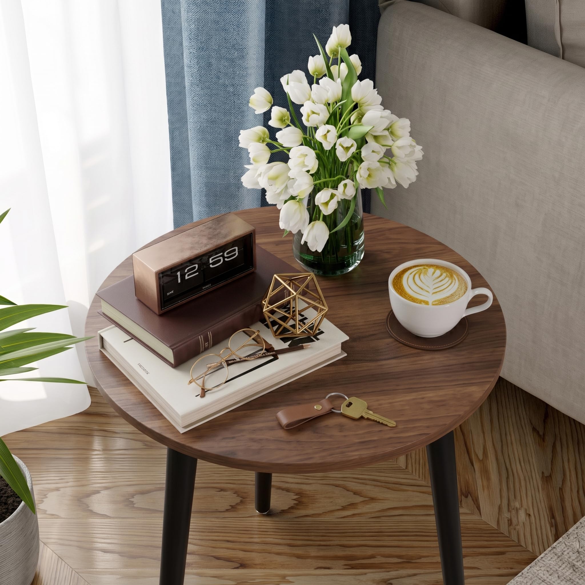 APICIZON Mesa auxiliar redonda de madera - Pequeña, fácil de montar, 42x42x51CM, estilo escandinavo, nogal para salón, dormitorio, balcón, cuarto de flores