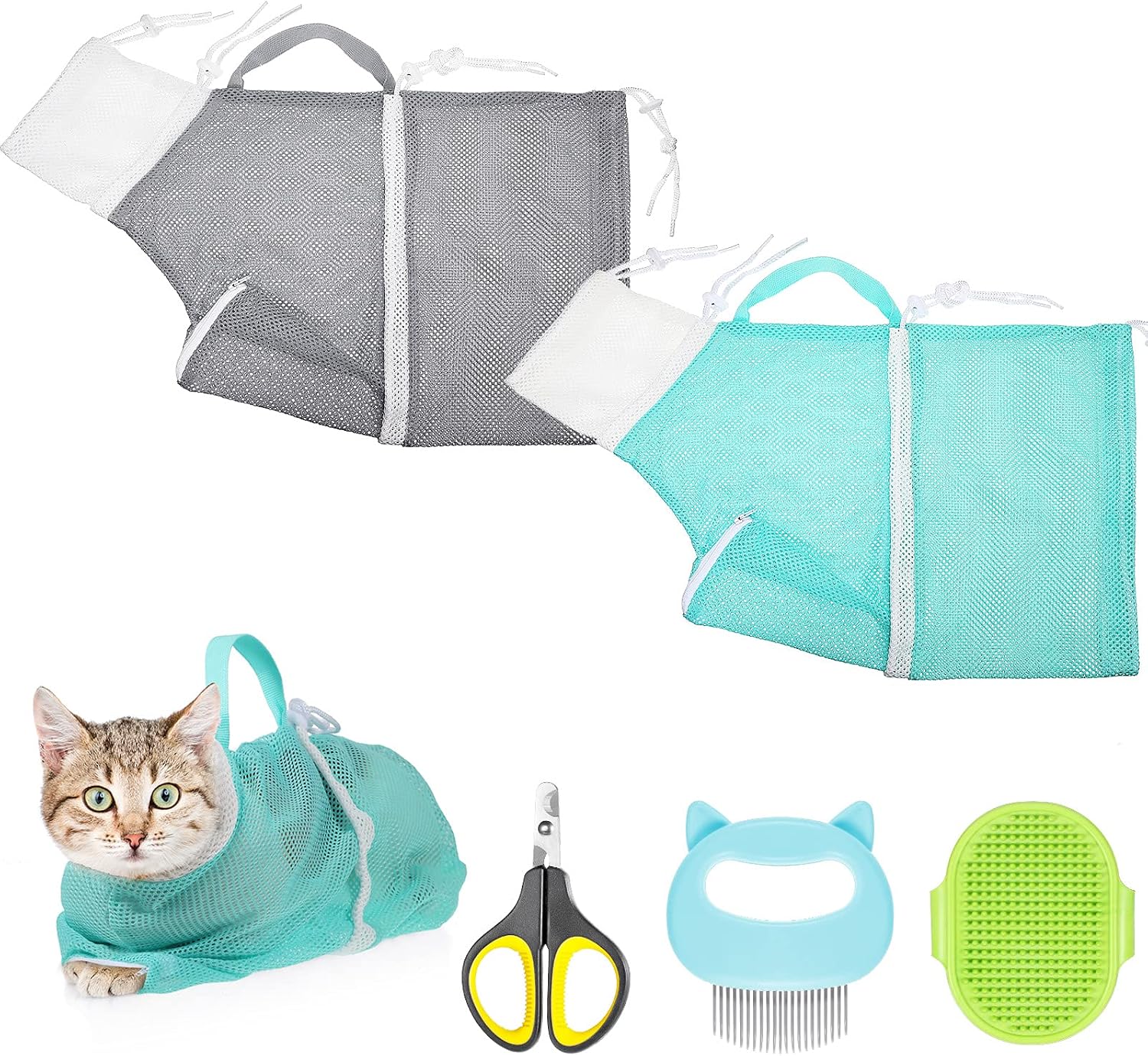 Weewooday 5 Pieces Cat Bathing Bag Set Scratchproof Pet Mesh Shower Bag with Cat Shell Comb Cat Nail Clipper and Grooming Brush for Cats…