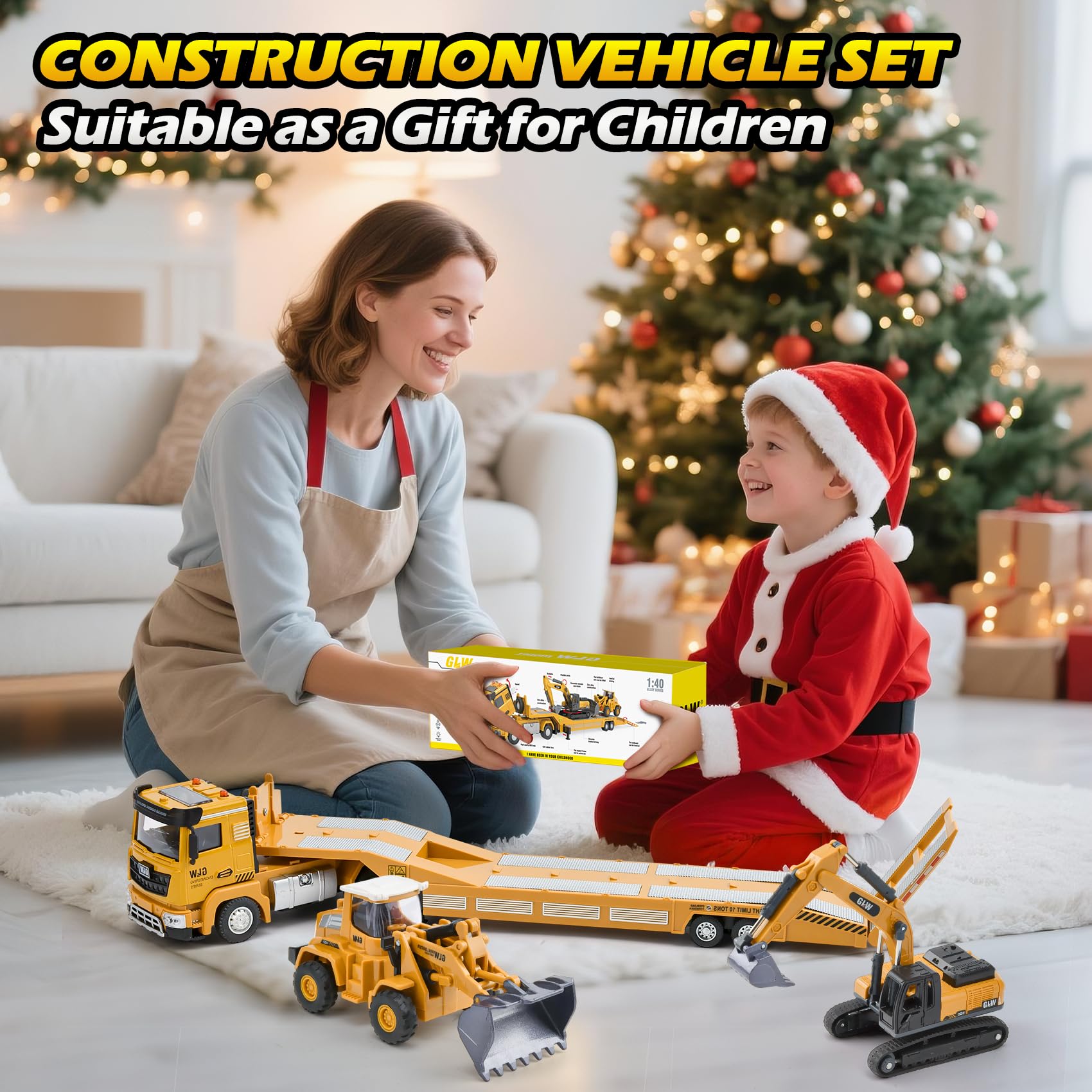 Chantier Jouet Enfants, Camion Transporteur de Petites Voitures avec Excavatrice Bulldozer, Transporteur Véhicule, Camion Dépanneuse Enfant, Jeux Voiture Garçon pour Garçon 3 4 5 6 7 Ans
