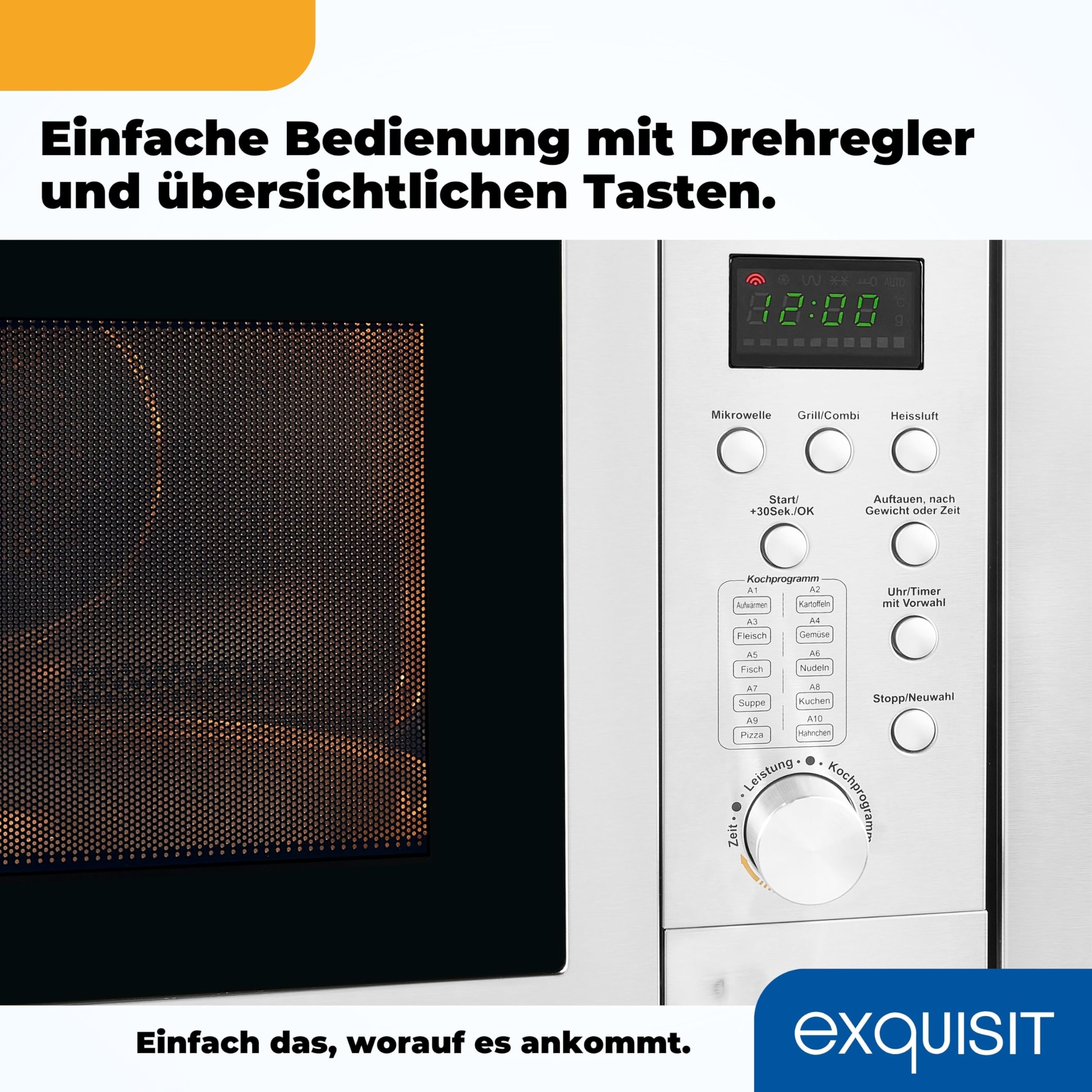 Exquisit EMW 2539.1 HI EMW2539HI Einbau-Mikrowelle, Edelstahl, 25 liters, Inoxlook | 3-in-1 Kombi-Mikrowelle, 900 W / 1100 W / 2500 W – 10 Automatikprogramme, Timer bis 95 Min., Inox-Design