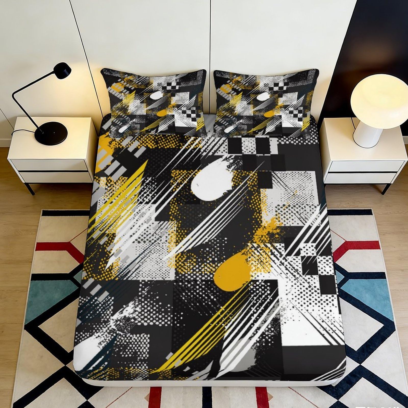 Jqzkxnhpbr Style-9 3D Printed Geometric Abstract Fitted Sheet Microfiber Black Yellow Artistic Mattress Cover For Bedroom Dorm Decorative 90X200x25cm