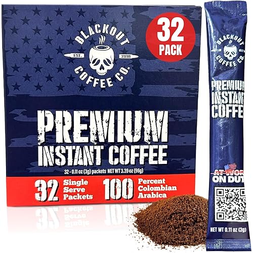 Blackout Coffee Colombian Arabica Instant Coffee, Strong Aromatic, Fresh Roasted in the USA, Premium Coffee Single Serve Packets, 32 Count