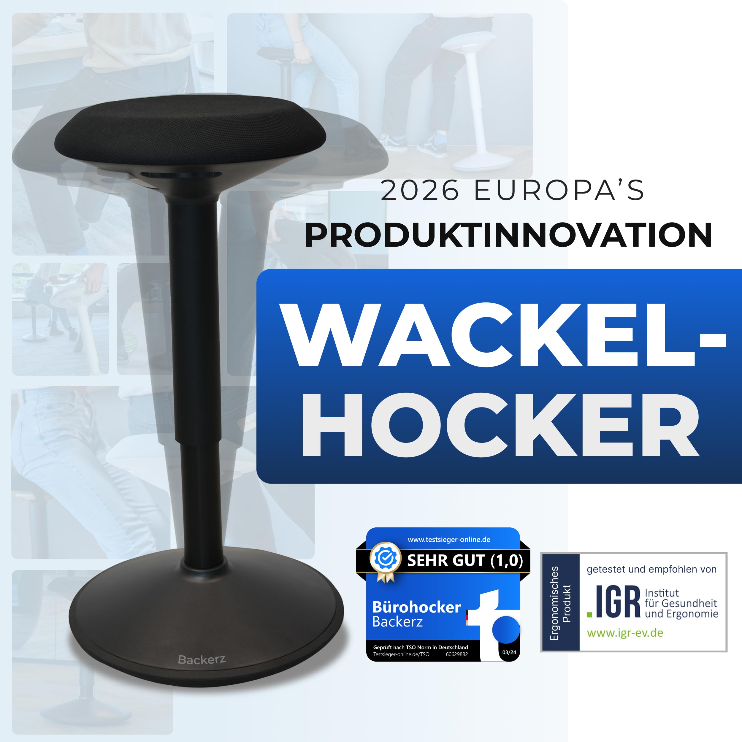 Ergonomischer Hocker TESTSIEGER - Bürohocker Höhenverstellbar [55-80cm] Stehhocker für Büro mit Schwingeffekt - Büro Stehstuhl - Rutschfester Sitzhocker Ergonomisch - Wackelhocker Büro - Mattschwarz