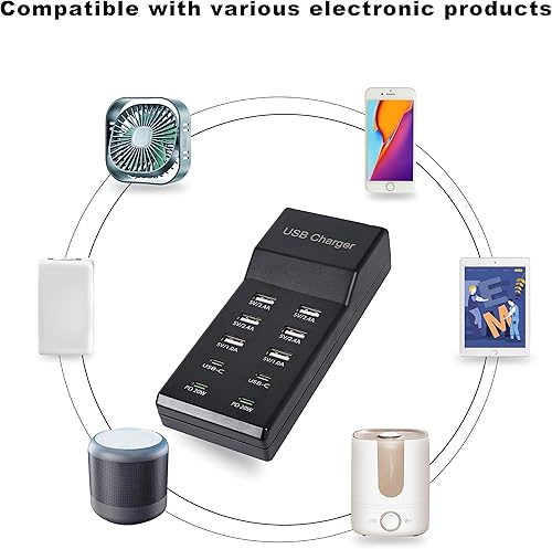 Miniatura 5 de Estación de carga USB de 100 W, 10 puertos (6 USB-A y 2 USB-C, 2 PD20W) compatible con iPhone 11-15, tabletas, color negro