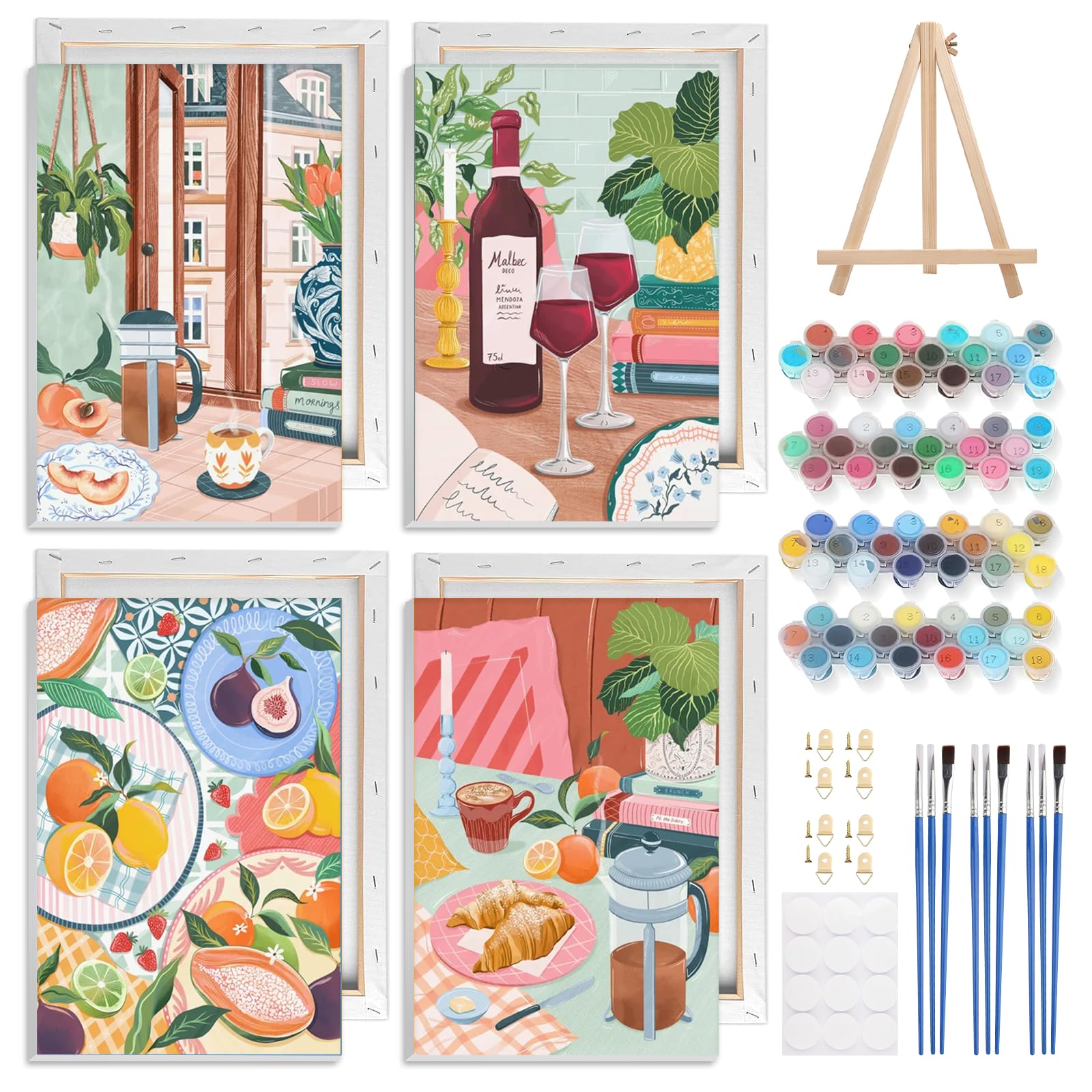 NAIMOER 4 Pezzi Cibo Dipingere con i Numeri Adulti Bambini con Cornice Detentore, Caffè Tè Paint by Numbers Kit Dipingere con i Numeri Pigmento Acrilico Decorazione Regalo 20x30cm