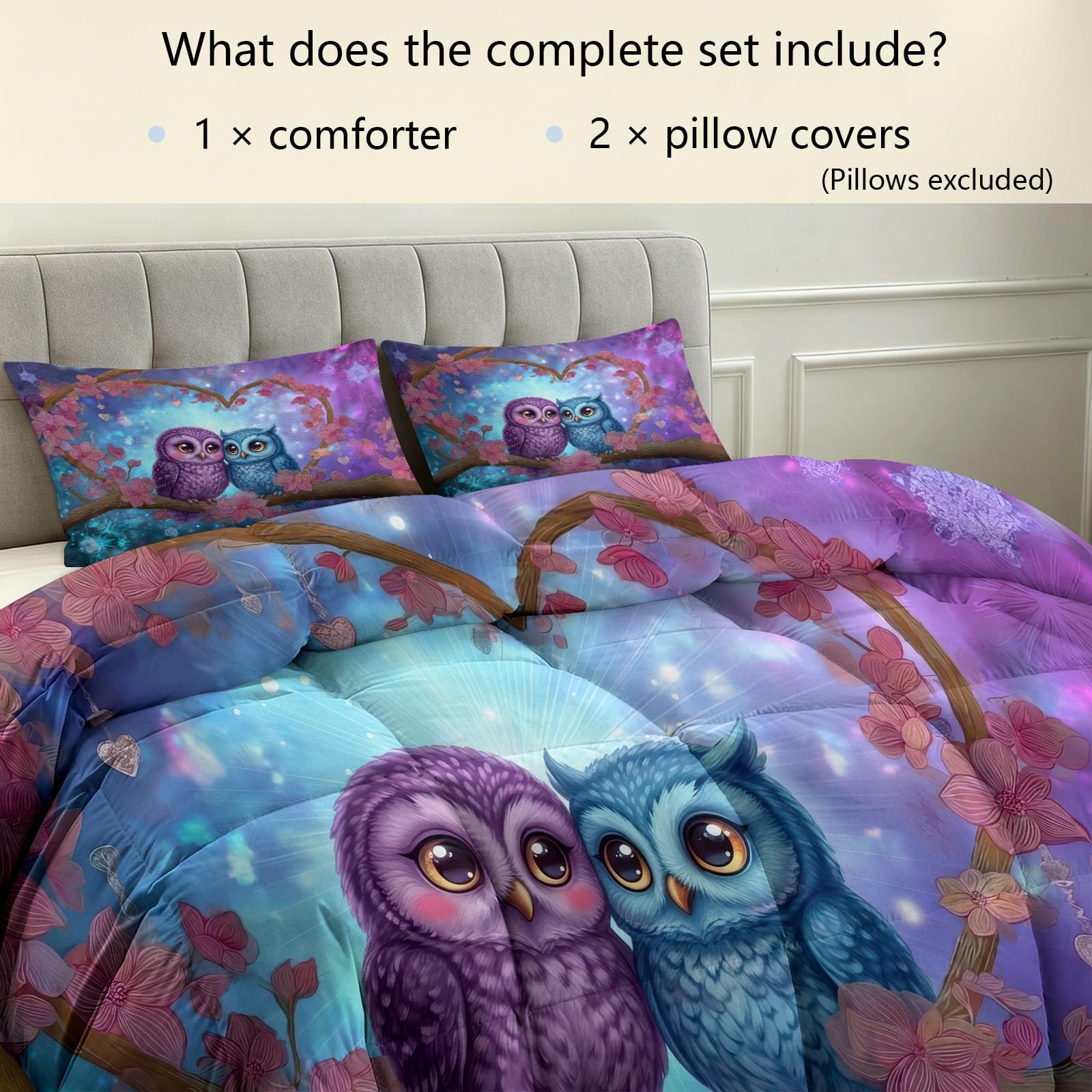 Generisch 200 x 200 cm 4 Jahreszeiten Bettdecke ohne Bezug, Fantasy Sternenlicht Steppdecke, Waschbar Atmungsaktiv Weiche - Tiere Eulen Pärchen Blumen Herzform Sommerdecke für Allergiker