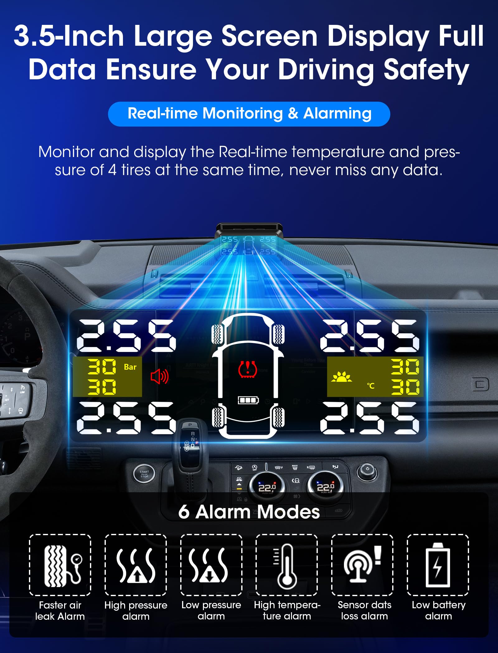 Vtopek TPMS Reifendruckkontrollsystem 3,5-Zoll Solar Reifendruckkontrollsystem mit 4/2-Rad-Modi 0,01 Bar Hochpräzise Abnehmbare Wireless TPMS Echtzeiterkennung Reifendrucksensoren Auto für Van SUV