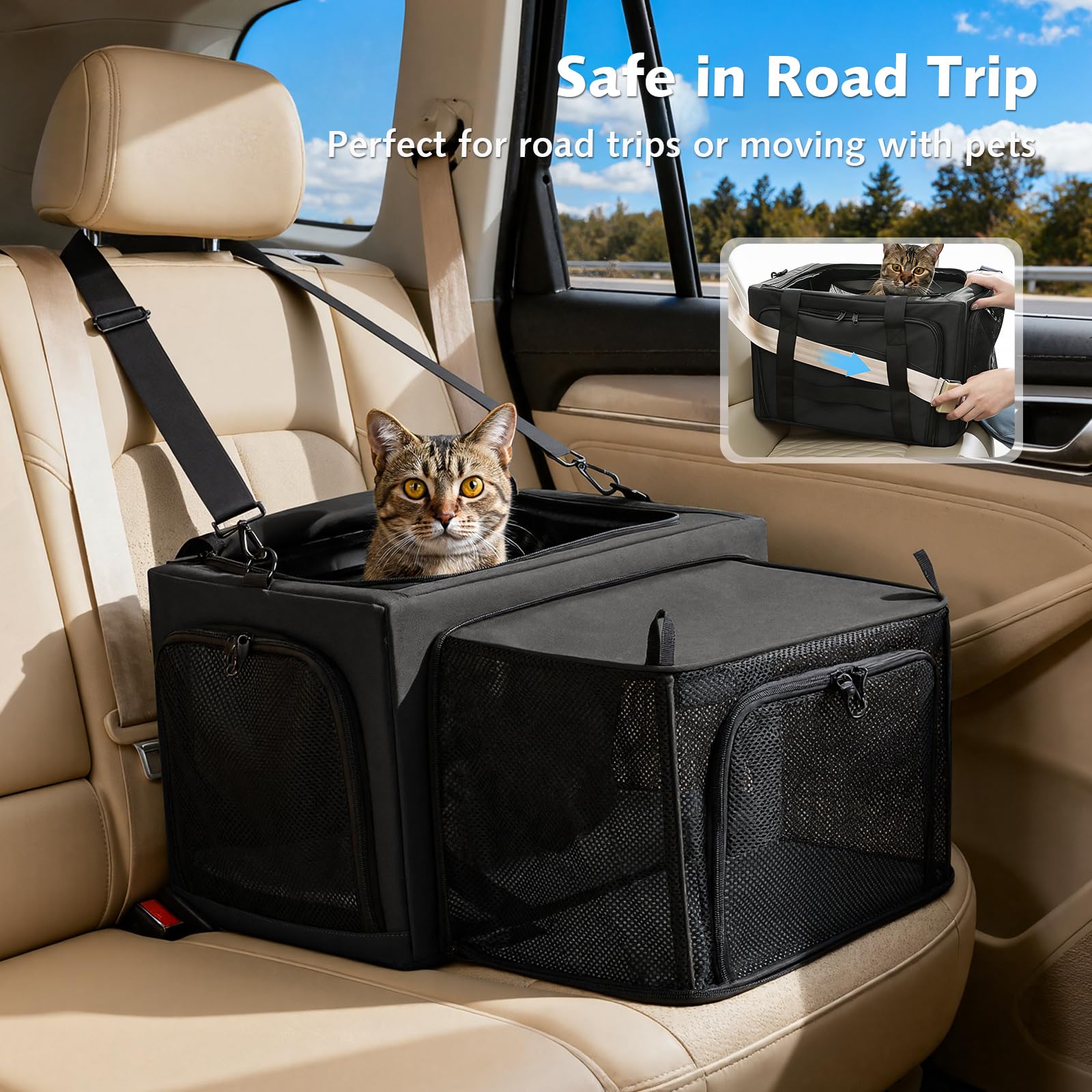 Pecute Transportbox Katze für Katzen & Kleine Hunde, Faltbar mit Seitenerweiterung, Atmungsaktiv Stabil, Ausbruchschutz, Für Auto Reisen Tierarzt, Dunkelgrau