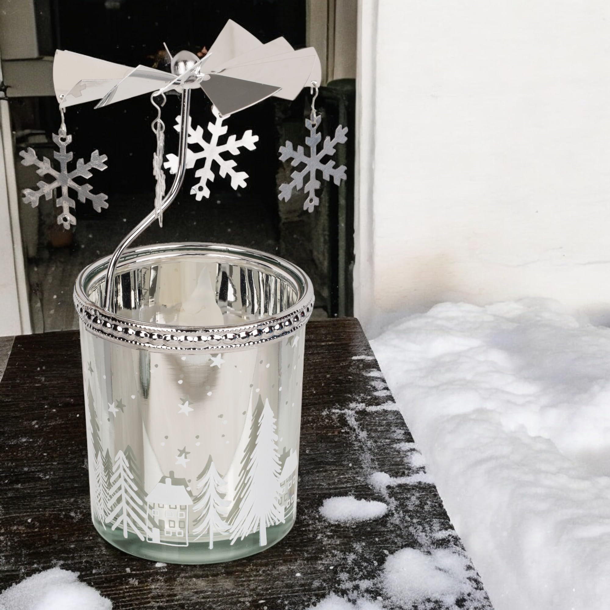 BRUBAKER Kerst Waxinelicht Carrousel - Windlichtcarrousel van Metaal en Glas - Roterende Theelichthouder met Sneeuwvlokken - Roterende Kaarsenhouder voor Theelichtjes - Kerstdecoratie Sneeuw - Zilver