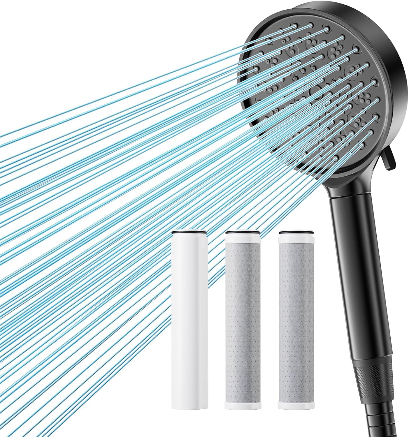 Filter Duschkopf mit Schlauch, 6 Strahlarten Handbrause mit Filtration in 20 Schichten und 2 Ersatz Carbon Duschfilter, Hochdruck Sparduschkopf mit Filter Gegen Kalk für Hartes Wasser, Chlor Schwarz