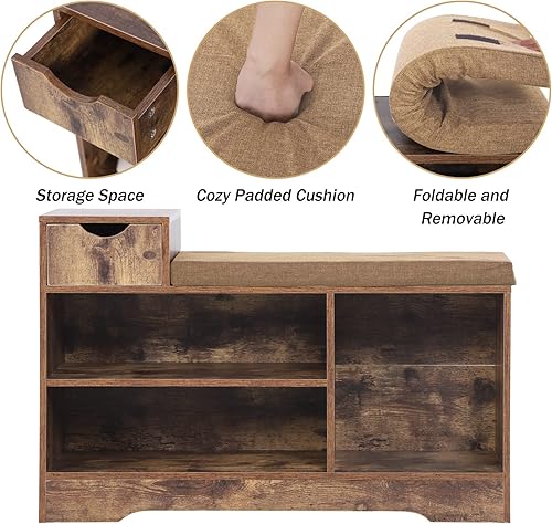Miniatura 6 de PHI VILLA Banco de almacenamiento de zapatos con cojín de asiento, zapatero organizador de zapatos para entrada, sala de estar, marrón rústico