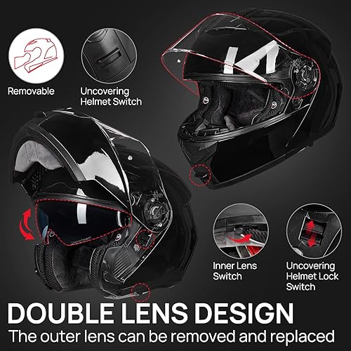 Miniatura 4 de ILM Casco modular de cara completa para motocicleta para adultos, doble visera, aprobado por DOT, modelo 159 (negro brillante, mediano)