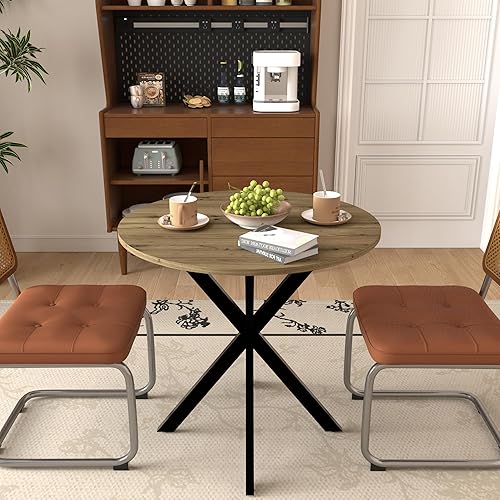 Vista 2 de 31.5 Inch Round Dining Table, Small Circle Kitchen Table with Metal Black Legs for 2 4 People,Dining Room Table, Brown (only Table) EO124