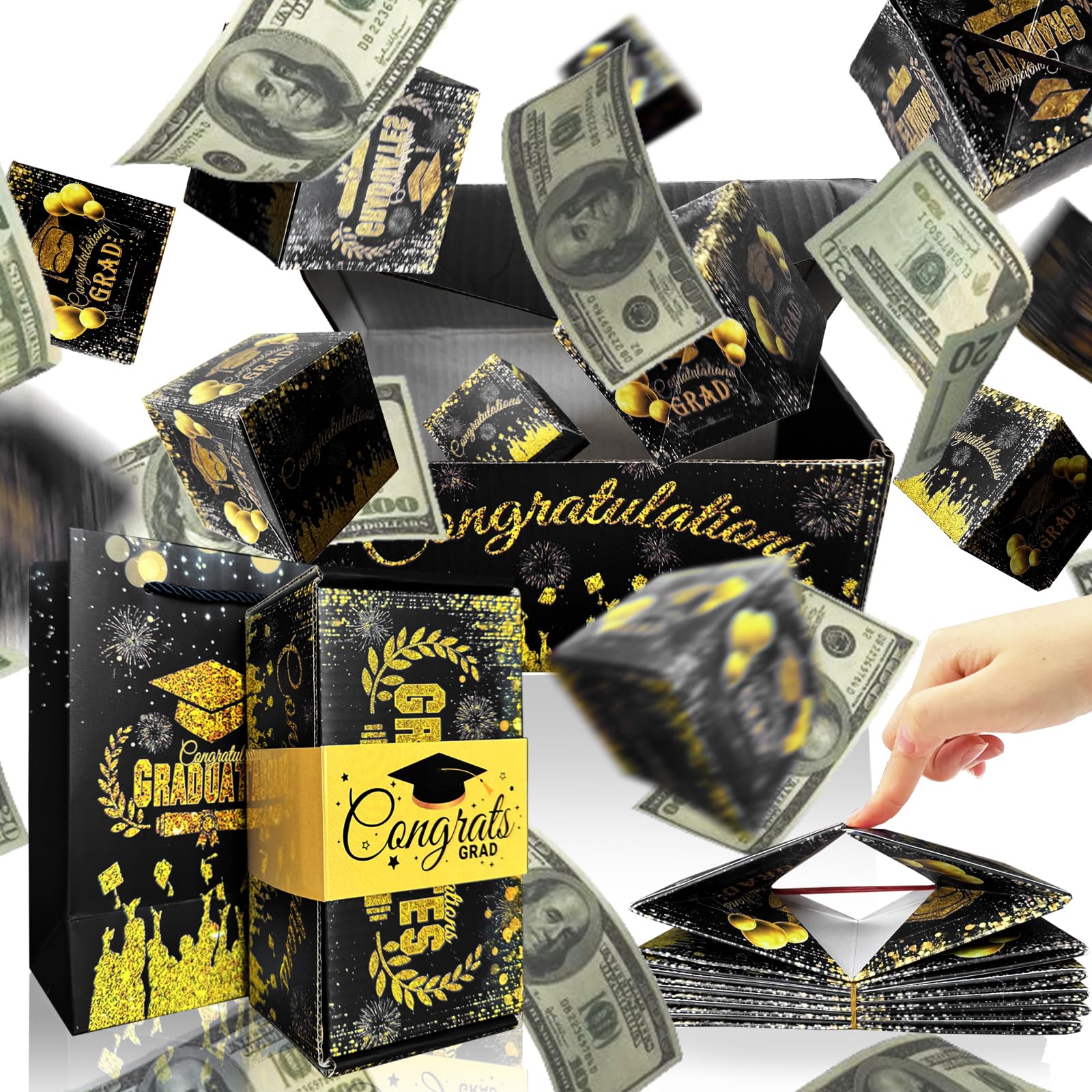 Graduation Surprise Explosion Gift Box, Funny Pop Up Cash from Money Case for Her Him Preschool High School College, DIY Novelty Luxury Folding Bouncing Money Boxes for Class of 2026 (Black)