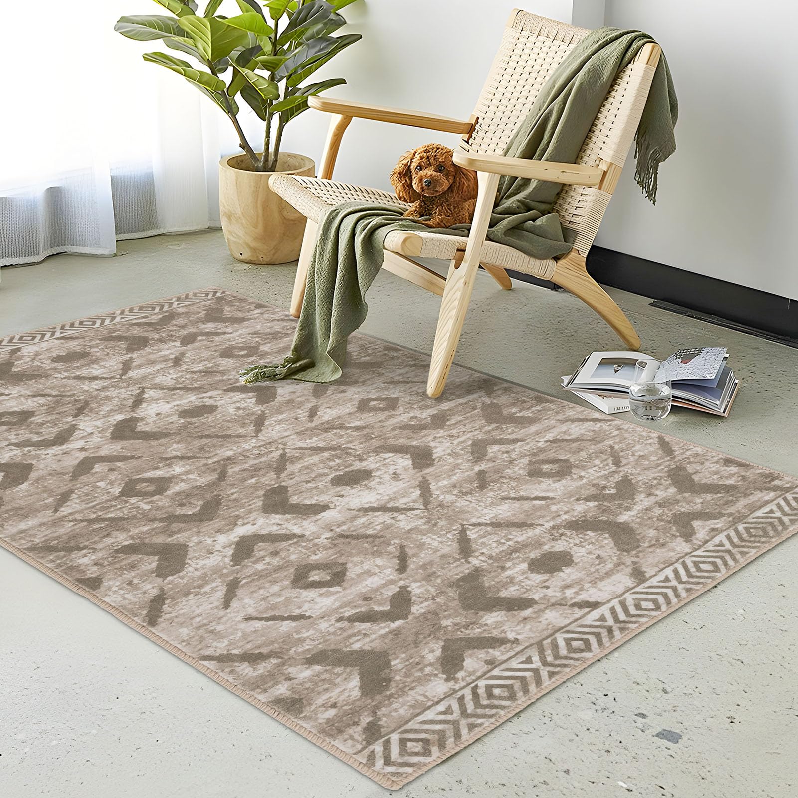 KILOCOCO Area Rug 3'x5' Entryway Rug Washable Rug Bedroom Rug Non Slip Boho Rug Low-Pile Brown Rug Soft Rug for Kitchen Living Room Bathroom Dining Geometric Moroccan Carpet, Brown