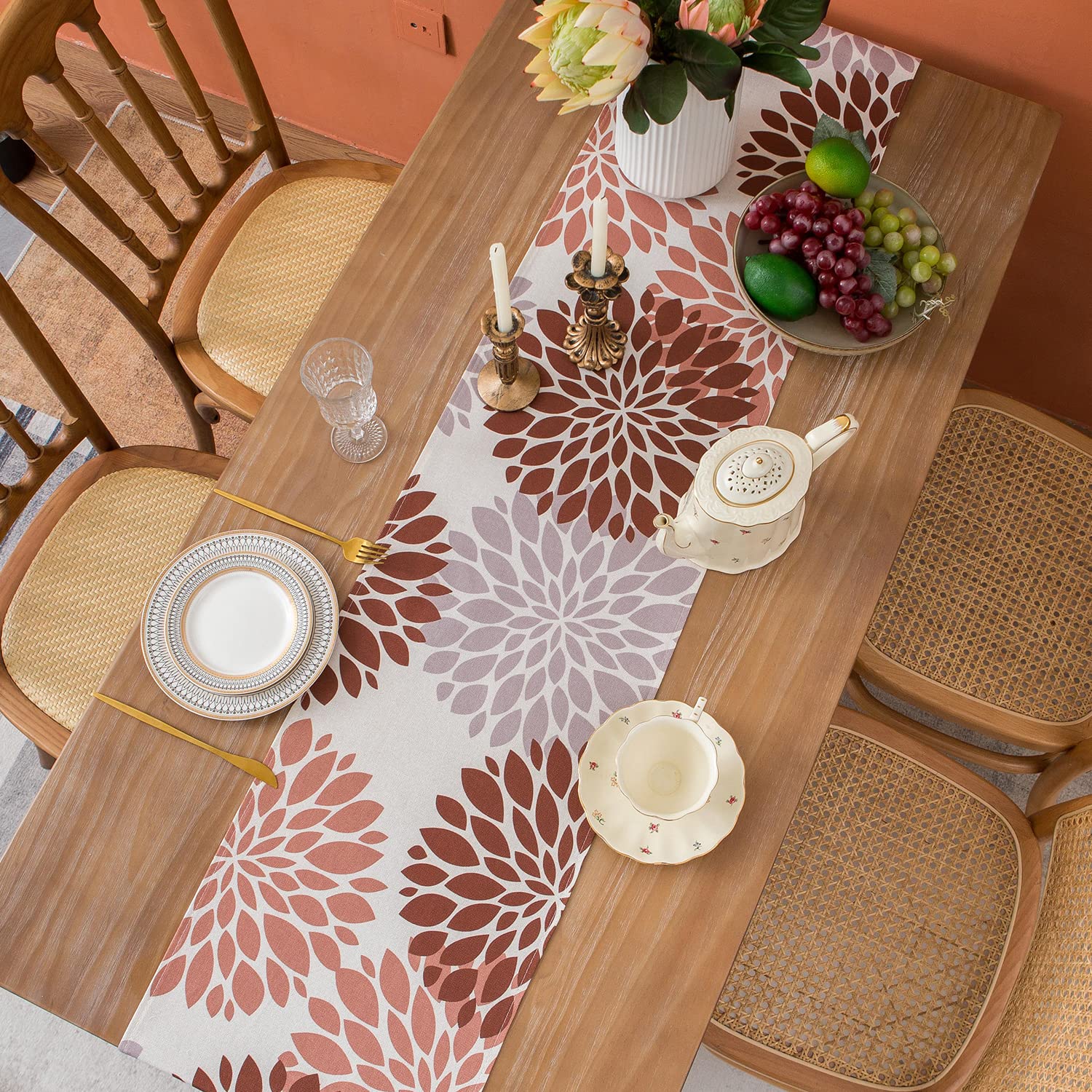 Bedrukt Velvet textiel Tafelloper - 45x260 -Bloemen op zwart - Fluweel - Runner -De