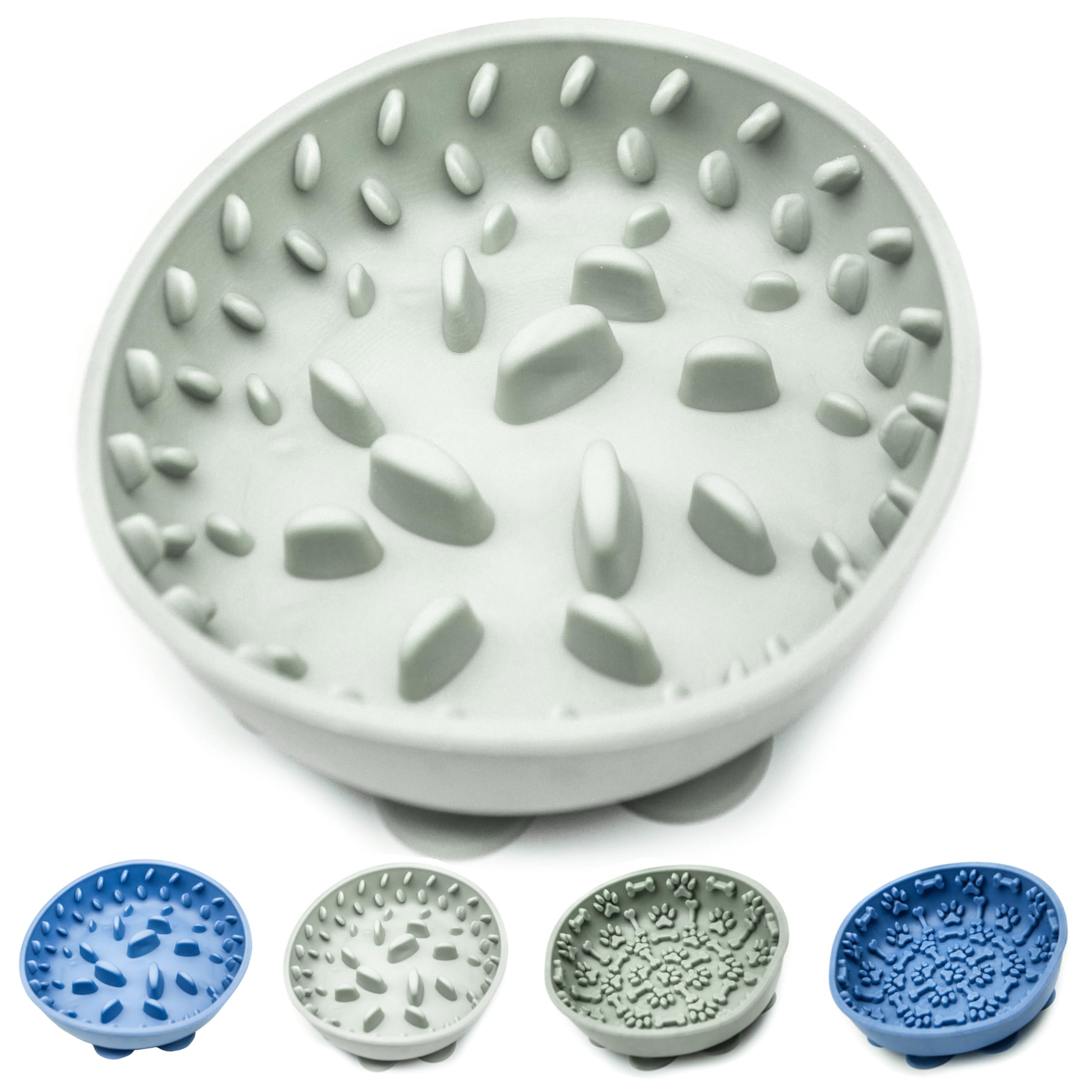 Silicone Pet Bowls – Slow Feeder Dog Bowl with 9 Suction Cups – Non Slip, Raised Ridges, Maze Design – Interactive & Control Feeding for Small to Medium Dogs & Cats (Grey (Raised Spike), 15cm)