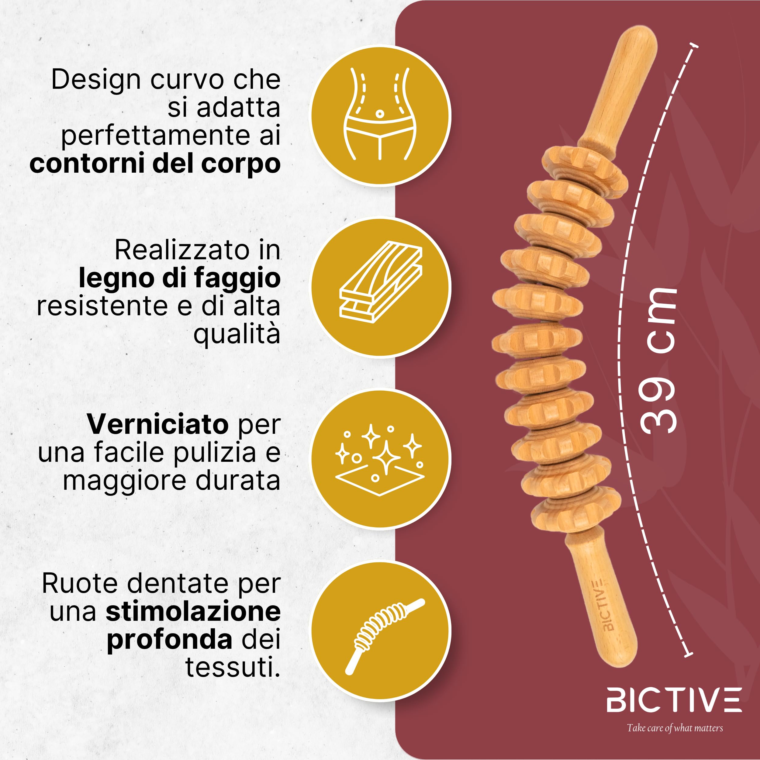 Rullo di Massaggio per Cellulite e Maderoterapia in Legno di Faggio. Massagio Anticellulite, Rullo per Massaggio Drenante Gambe, Glutei e Corpo. Massaggiatore Pancia. Include un Sacchetto