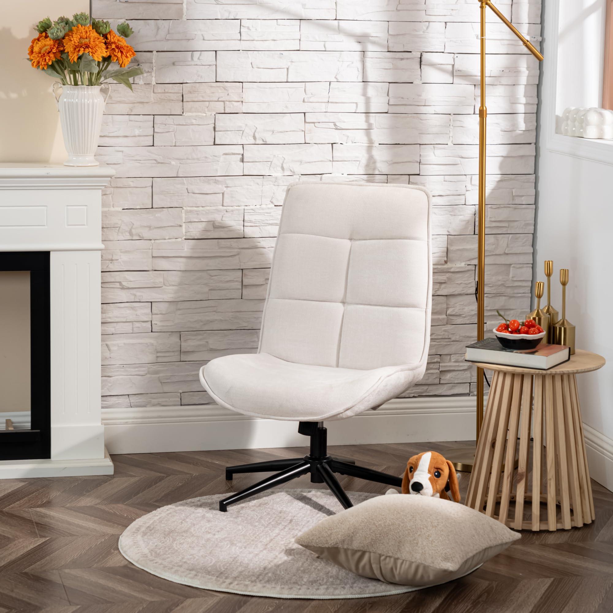 MEUBLE COSY Poltrona Imbottita Girevole Sedia da Salotto Funzione di Inclinazione Libera per Camera Poltroncina Relax con Seduta Spessa Schienale Alto in Tessuto Chenille Beige