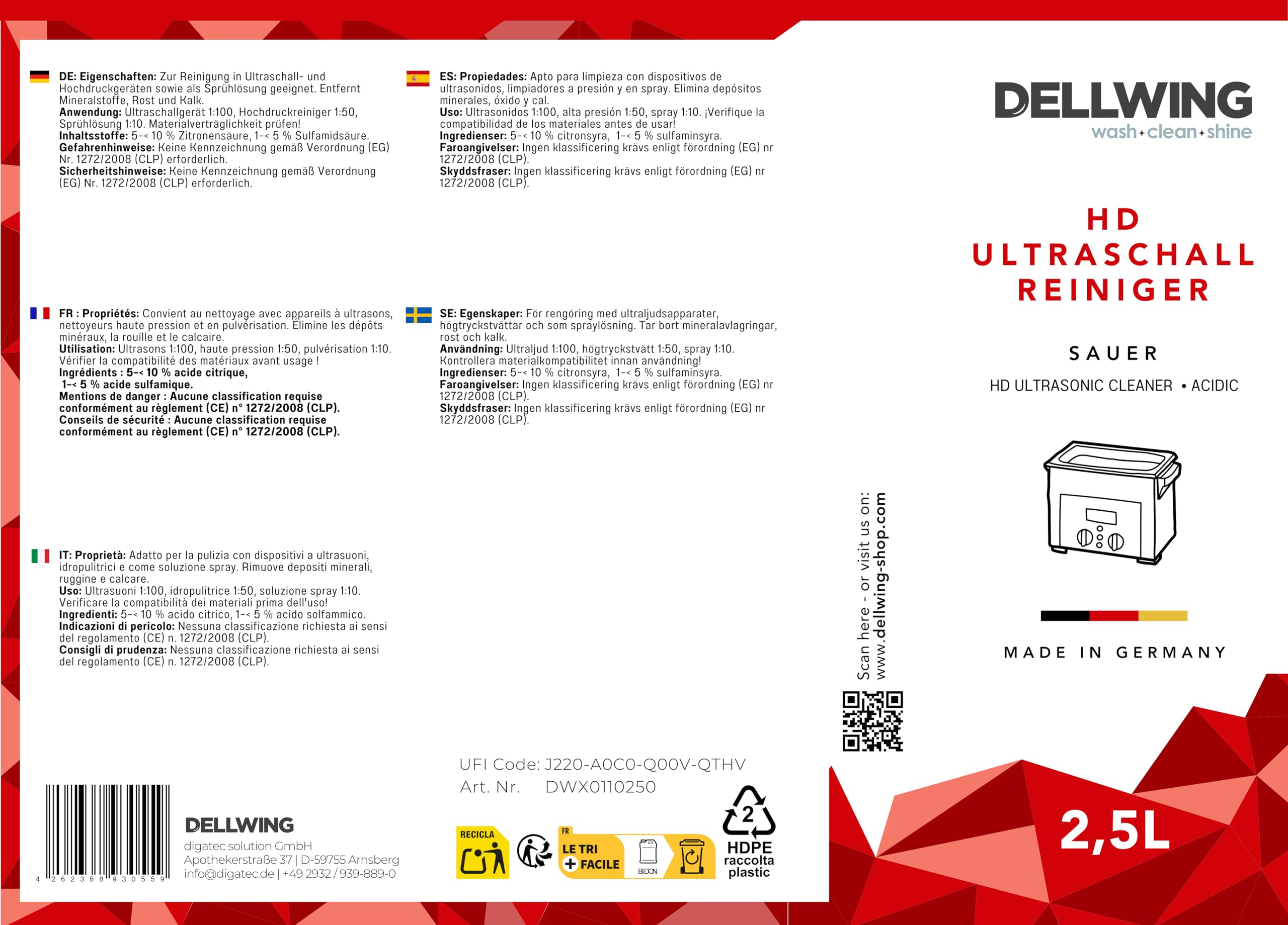Dellwing HD Ultraschallreiniger 2,5 l, saures Reinigungs-Konzentrat für Aluminium und Buntmetalle, Made in Germany