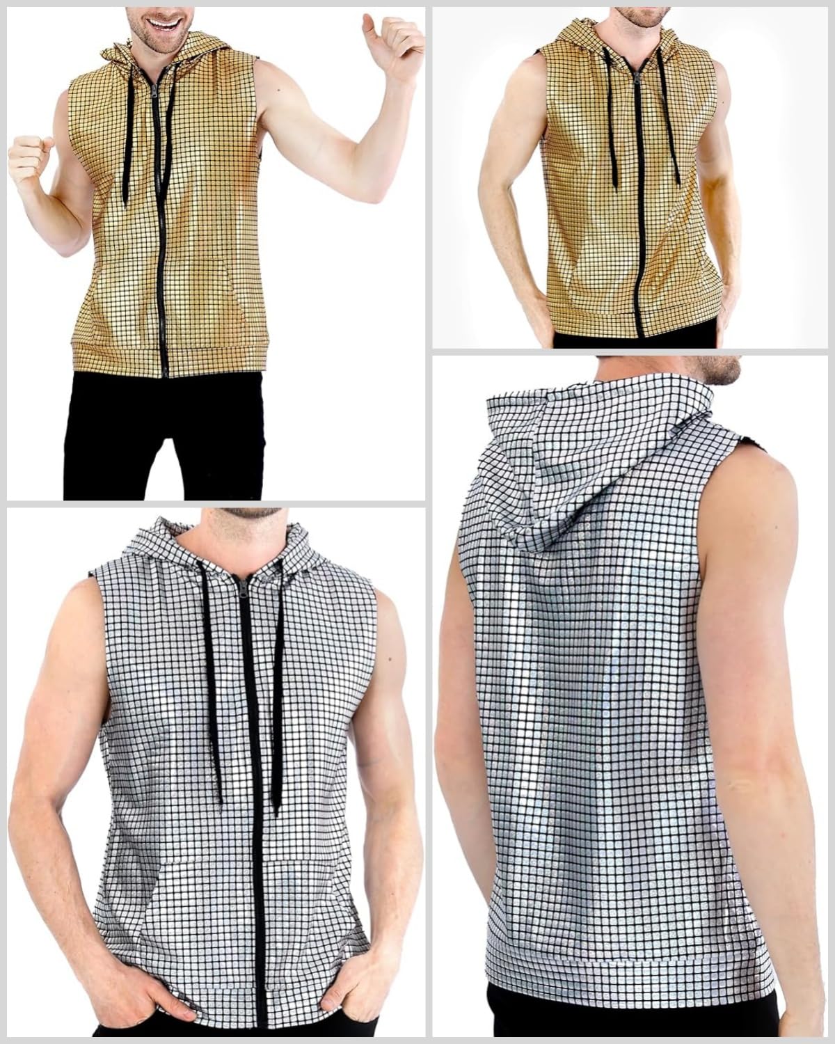 Gilet capuche brillant pour homme, T-shirt sans manches fermeture éclair avec paillettes métalliques et poche kangourou, Chemise de fête paillettes brillantes, disco des années 70-80 pour nightclub
