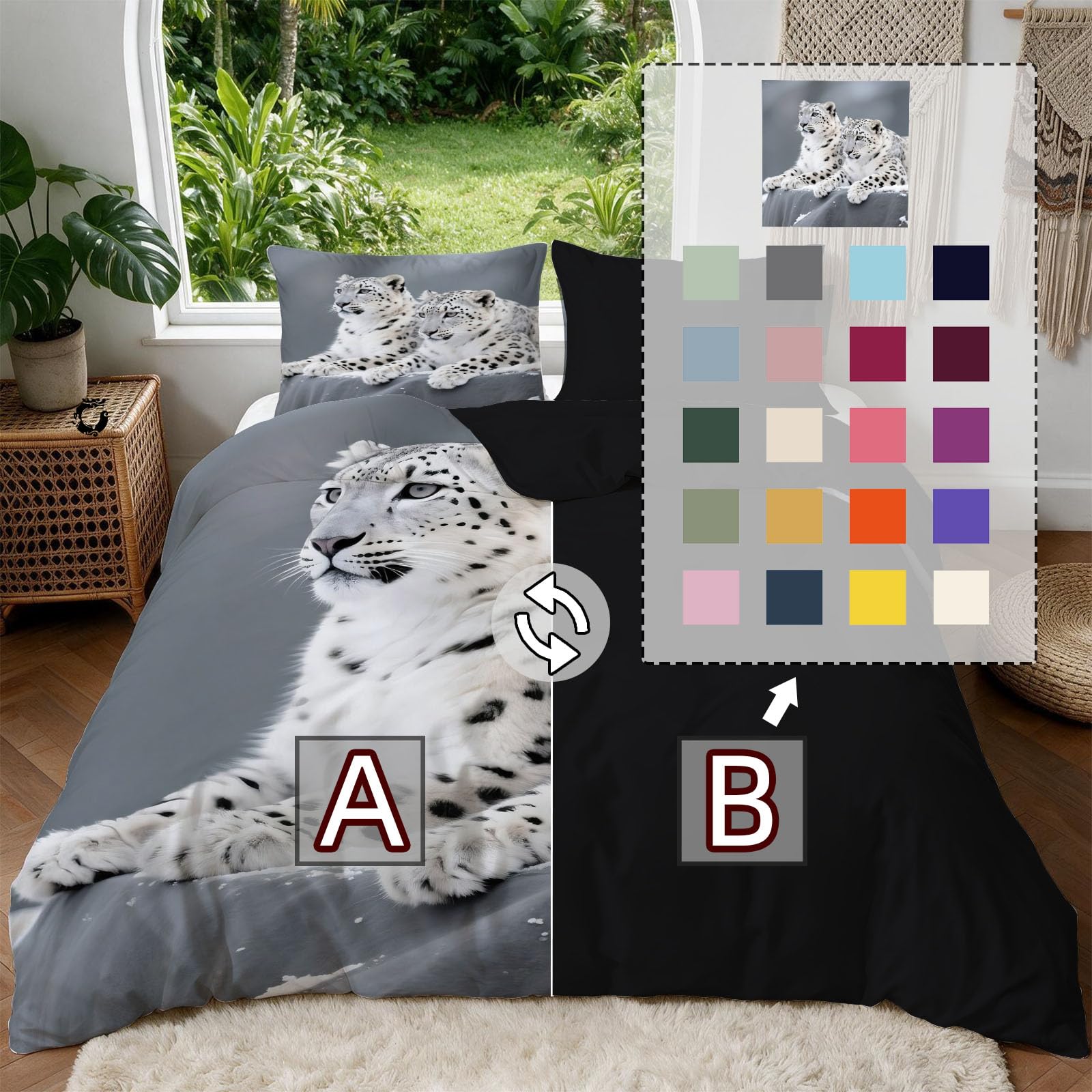 Bettwäsche 155x220 Schneeleopard Muster, Winter Weiche Mikrofaser 3D Naturmotiv Wendebettwäsche Set, Bettzeug mit 2 Kissenbezug, Bettwäsche Set Für Erwachsene
