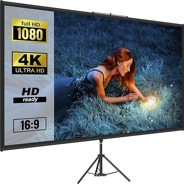 VEVOR Tripod Projector Screen with Stand 100inch 16:9 4K HD Projection Screen Stand Wrinkle-Free Height Adjustable Portable Screen for Projector Indoor & Outdoor for Movie, Home Cinema, Gaming, Office